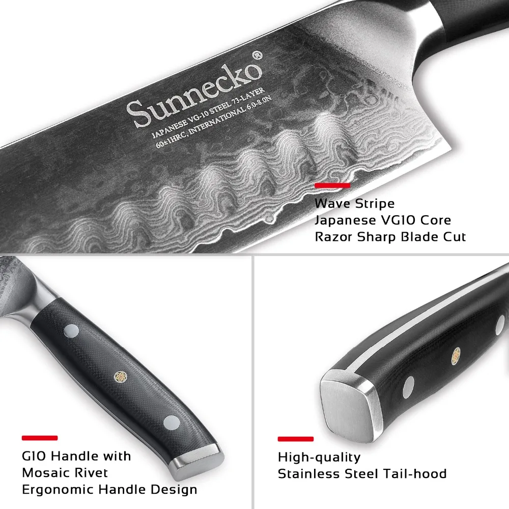 SUNNECKO " дюймовый нож шеф-повара Santoku кухонные ножи резак инструмент японский Дамаск VG10 сталь острое лезвие 60HRC G10 шлифовальная ручка