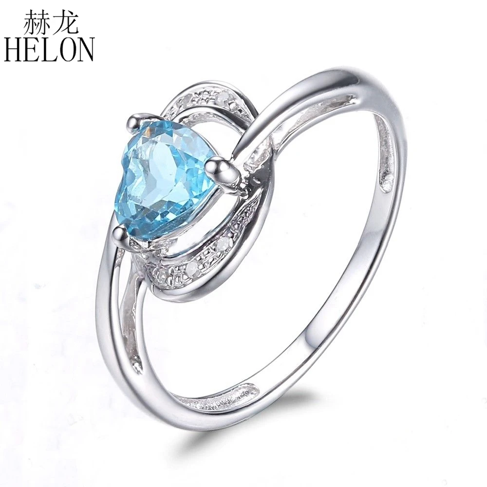 

HELON Heart Shape 0.93ct Swiss Topaz Solid 14K White Gold Natural Diamonds Ring For Women Engagement Wedding Romantic Jewelry