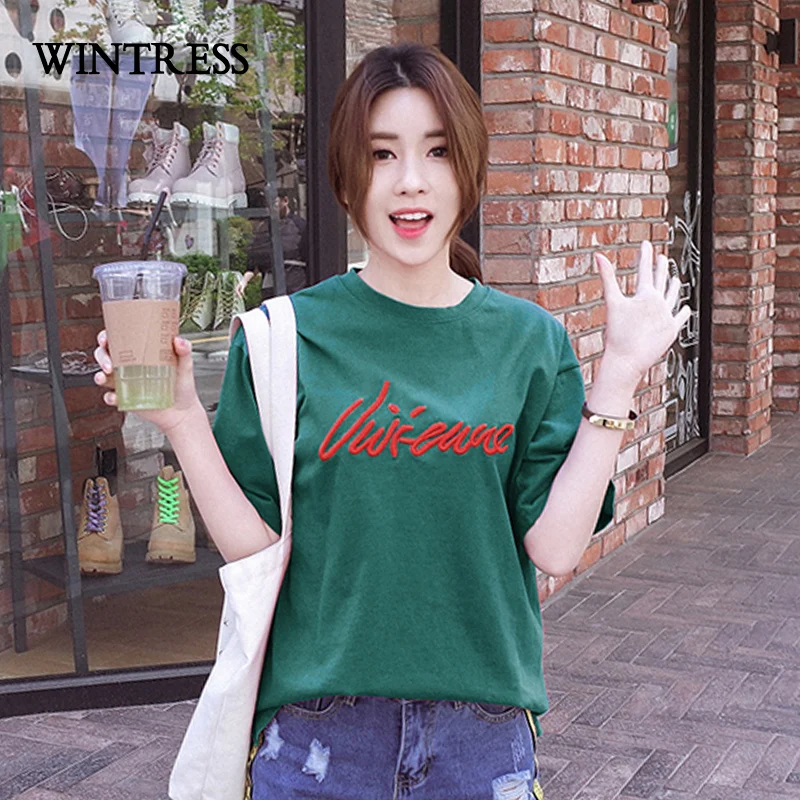 WINTRESS 2017 Летом С Коротким Рукавом Футболки Женщин Случайный Стиль Вышивка Letter Pattern
