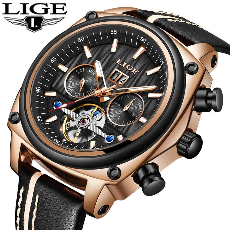 

LIGE Mens Brand Sport Watches Automatic Date Leather Mechanical Watch Mens Casual Fashion Waterproof Watch+Box Relogio Masculino