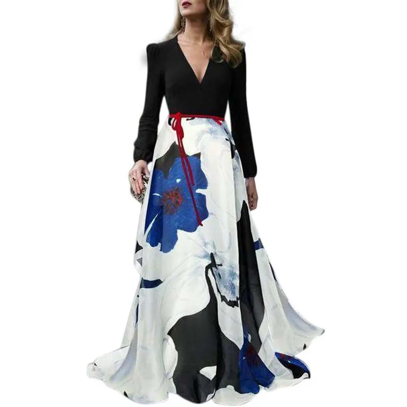 

2019 Spring Sexy Elegant Party Dress Long Sleeve Deep V-Neck Floral Printed Maxi Dress Holiday Boho Robe Beach Plus Size