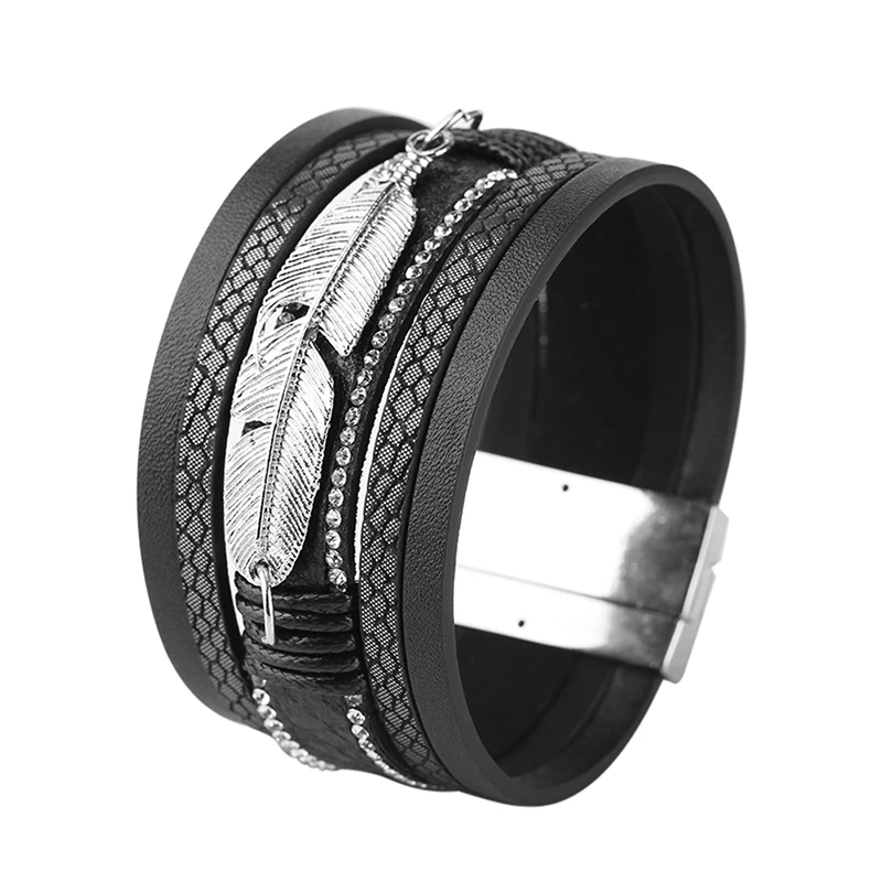 

Multilayer Feather Shape Bracelet Magnet Leather Leaves Design Rhinestone Alloy Glue Charm Bracelets