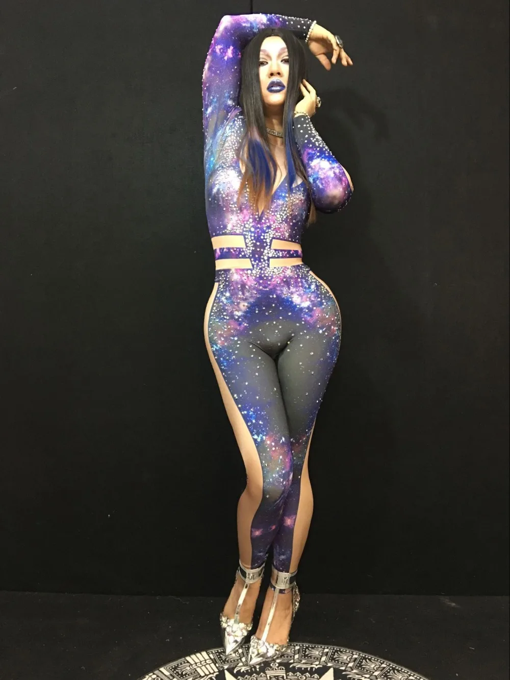 Кристиа Белла, Модный комбинезон с принтом галактики и кристаллами, женский сексуальный боди для ночного клуба, стрейчевое трико, одежда для выступлений певицы