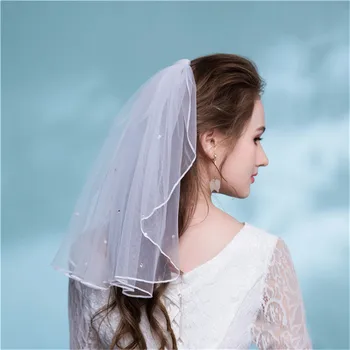 

2019 One layer Short Bridal veils Wedding Beads Veil accessories White Tulle Ivory with comb Veil velos de novia voile Mariage
