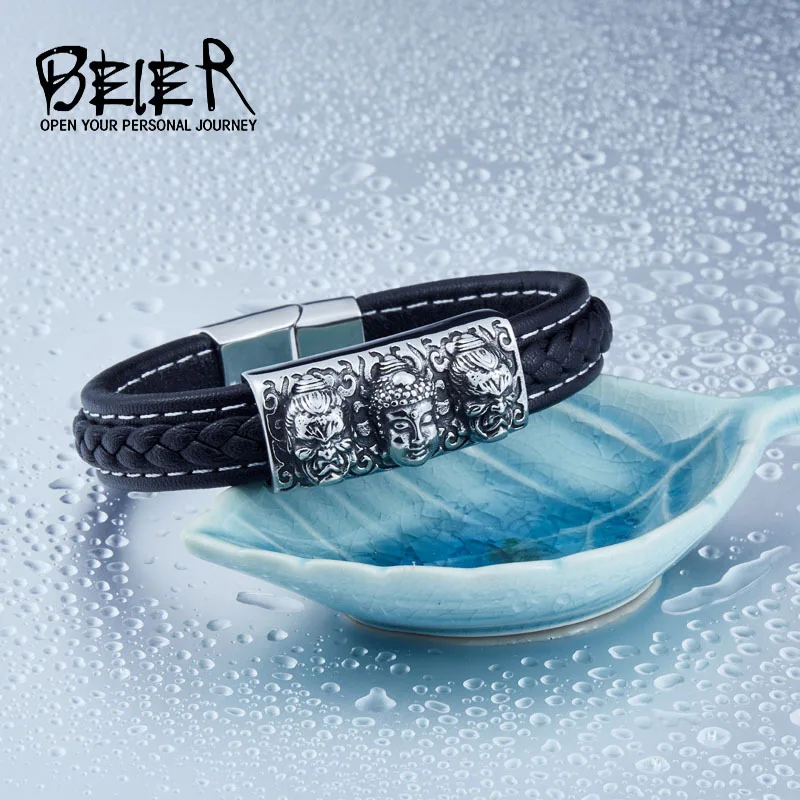 BEIER Wholesale Dropshipping Man's High Quality Genes Leather Simple Style 3 Buddha Bracelet Bangle For Man BC-L017