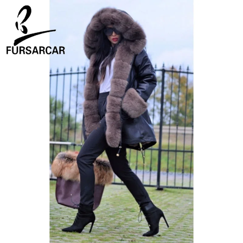 

FURSARCAR 2018 Black Color Fashion Luxury Fur Parkas Winter Thick Warm Real Fox Fur Collar And Rabbit Lining Fur Parkas