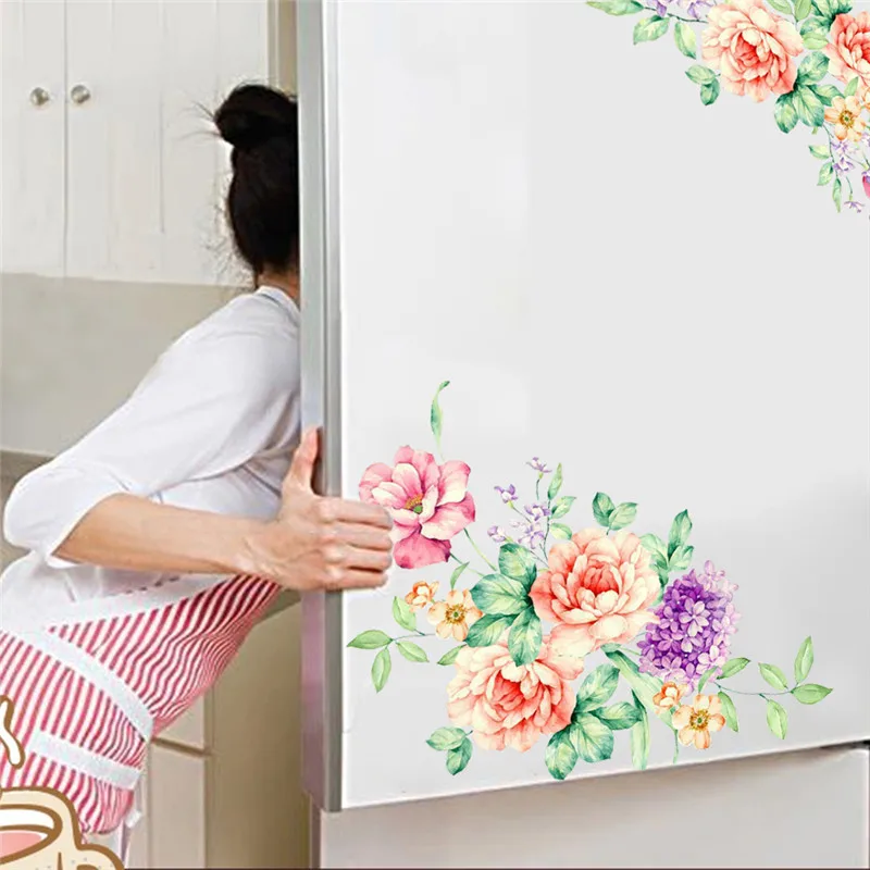 Romantic Colorful Peony Flowers Wall Stickers Home Fridge Stickers On The Cabinet Decor PVC Decals Kithen Decoration 20 x 30cm