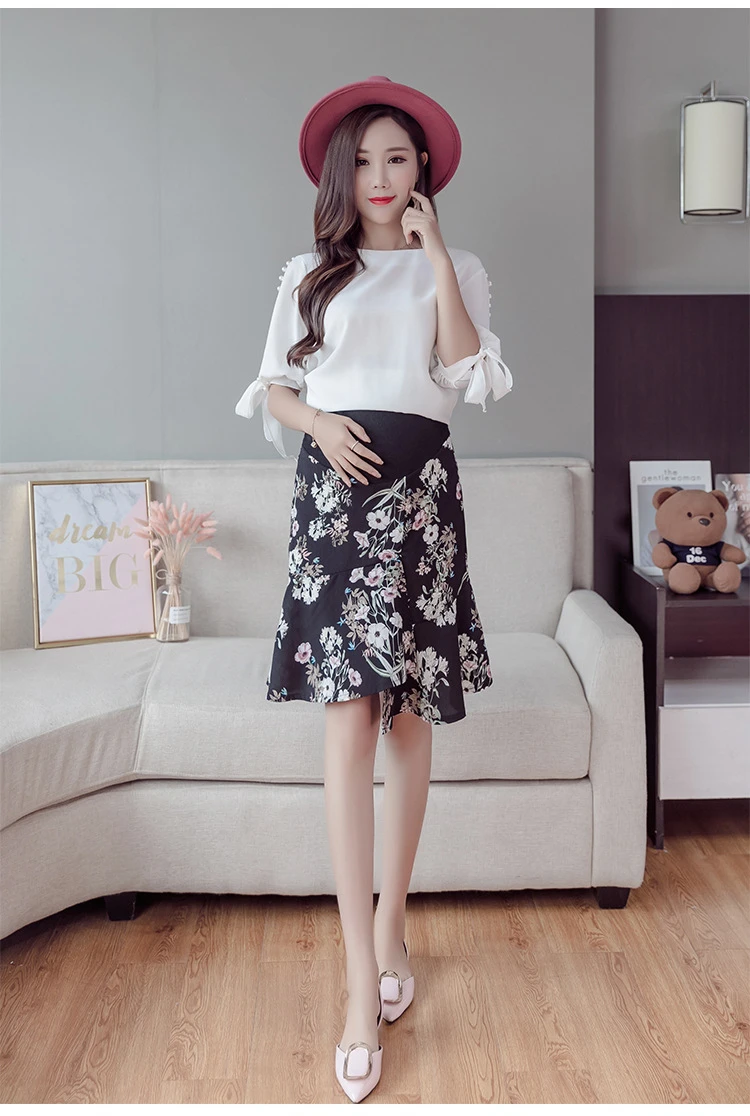 Irregular Support Belly Low Waist Maternity Skirts Chiffon Floral Print Clothes for Pregnant Women Summer Fashion Pregnancy (9)