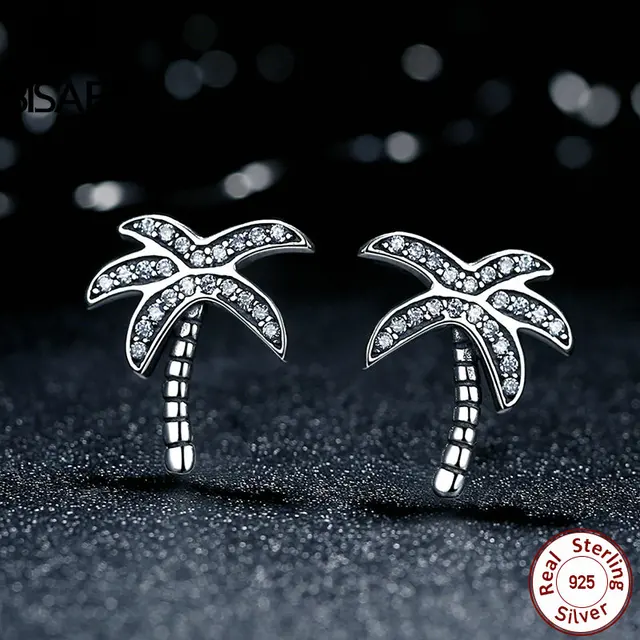 Bisaer Original 925 Sterling Silver Sparkling Clear Cz Palm Tree Bisaer Original 925 Sterling Silver Sparkling Clear Cz Palm Tree Stud Earrings For Women Jewelry Hjs433