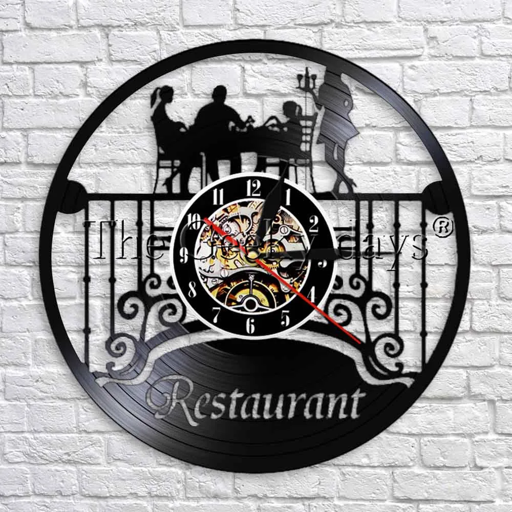 Restaurant Sign Decor Wall Clock Modern Design Dining Room Vinyl Record Vintage Time Clock