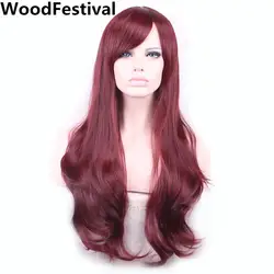 Длинные Бургундия парик 65 см коричневый Волнистые Черный термостойкие синтетические парики для женский парик WoodFestival