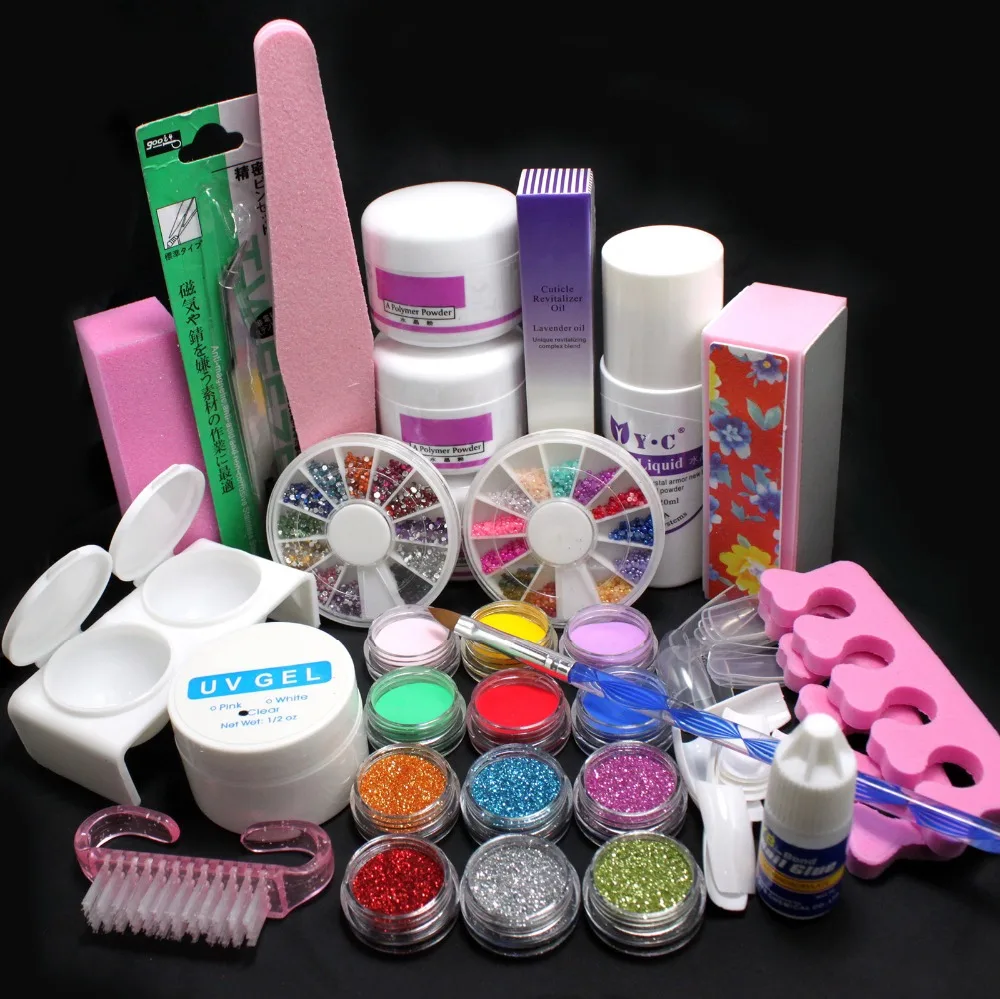 

Nail Art Kit ~ Acrylic Powder Liquid False French Nail Tips UV Gel Glue Glitter