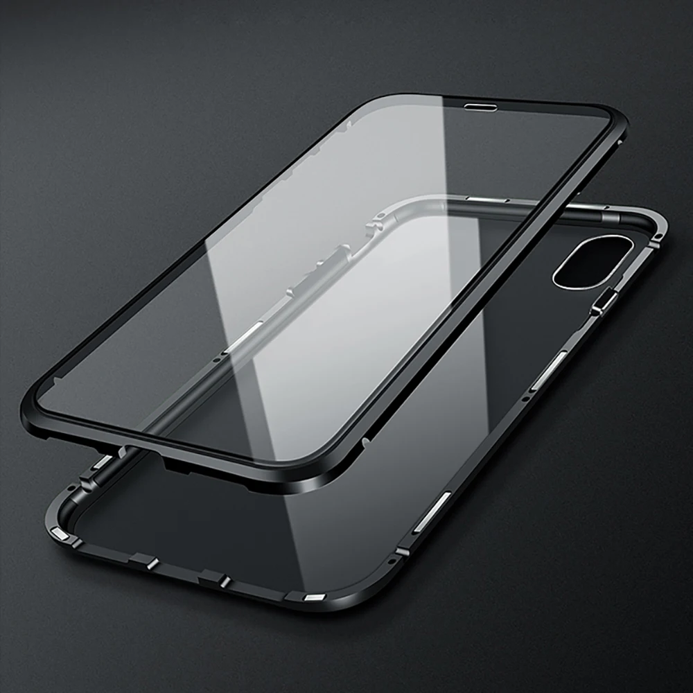 Double sided glass Magnetic case for iphone XS Max X 7 8 Plus Luxury metal 360 degree Full protection cover for iphone 7 8 Xr