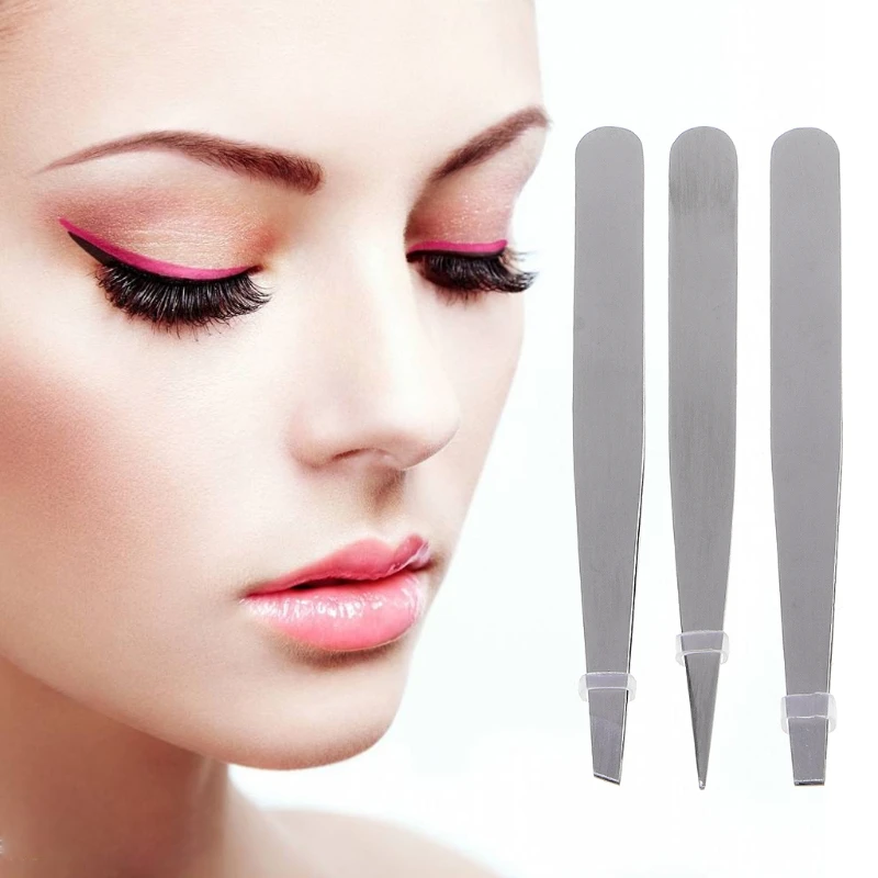 3pcs Eyebrow Tweezers Stainless Steel Slant Tip/Point/Flat Tip Eyes Tweezer Setin Eyebrow