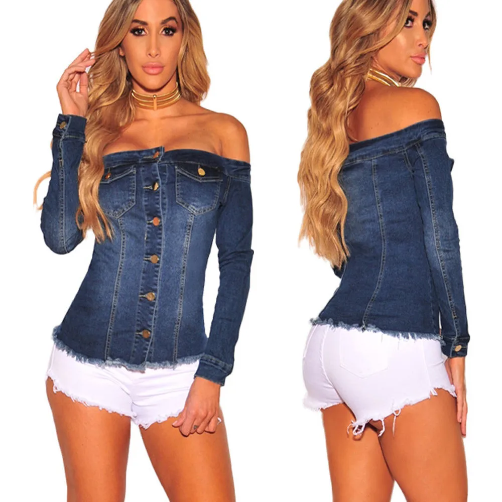 

KANCOOLD fashion woman blouses 2018 shirt Autumn Ladies Off Shoulder Denim Button Long Sleeve Top camisa Loose Blusas PAUGO7