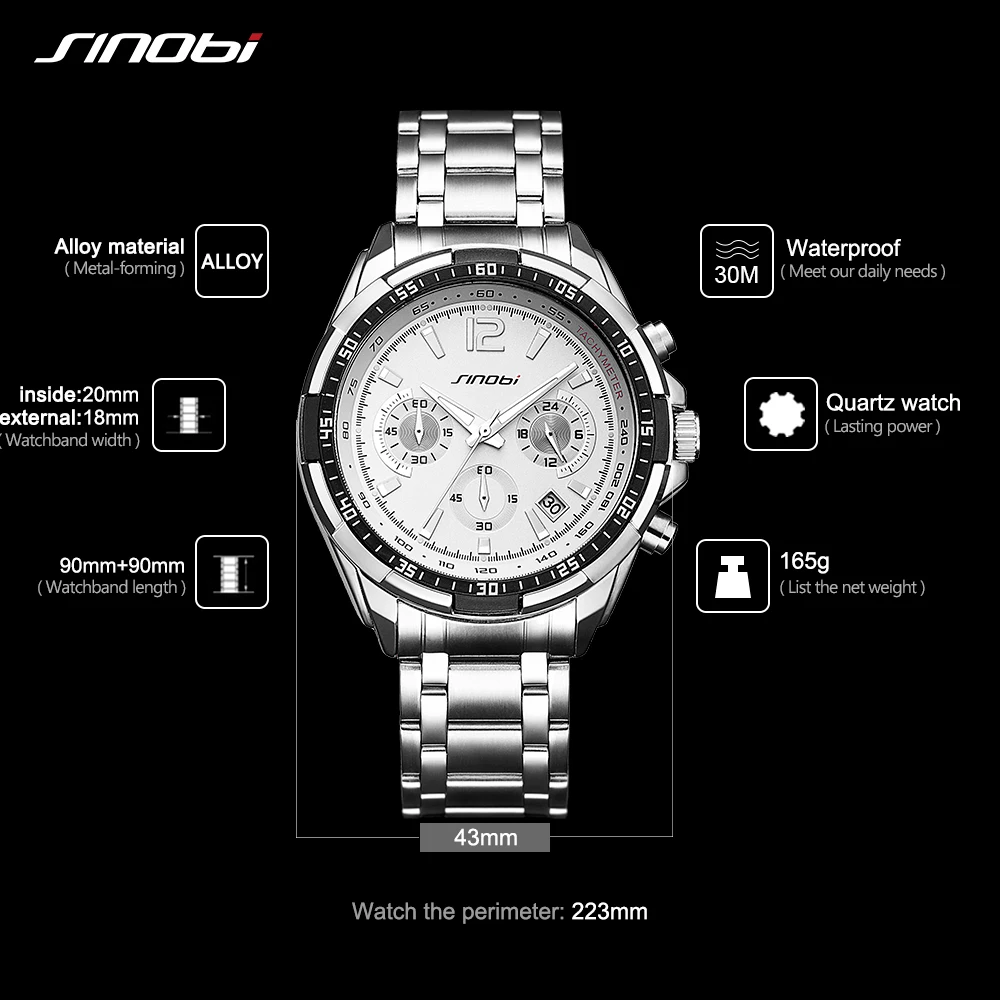 SINOBI Роскошные деловые мужские светящиеся часы из нержавеющей стали с