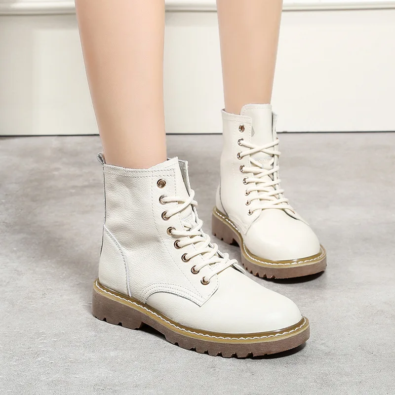 

Autumn and Winter Models Casual Thick with Martin Boots Women's Boots Leather Round Head Tendon Flat Women's Vulcanized Shoes