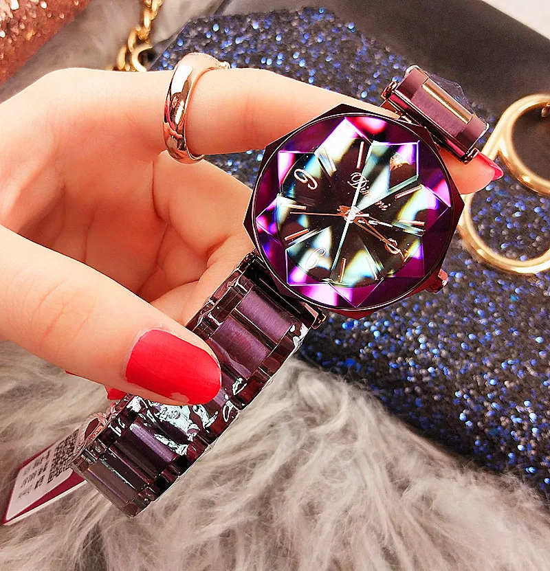 Beste Paars Polygonal dial ontwerp horloges vrouwen luxe jurk quartz horloge populaire merk dames crystal rhinestone lederen horloge