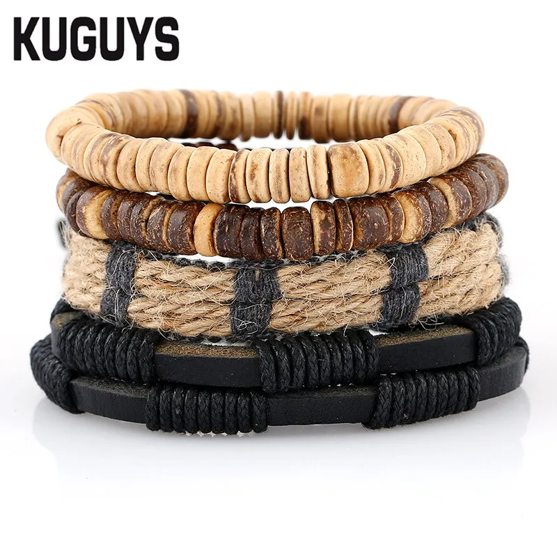 KUGUYS 4 in 1 Set Classic Trendy Coir Rope Bracelet for Men Bracelets