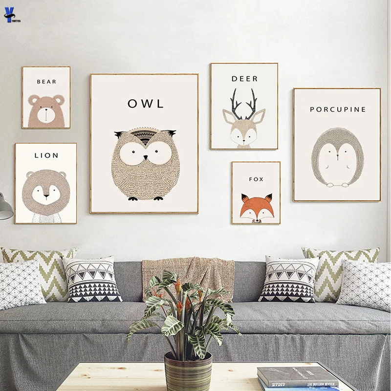 Cute-Cartoon-Animal-Minimal-Art-Canvas-Print-Posters-Deer-Bear-Nursery-Modern-Picture-for-Modern-Home