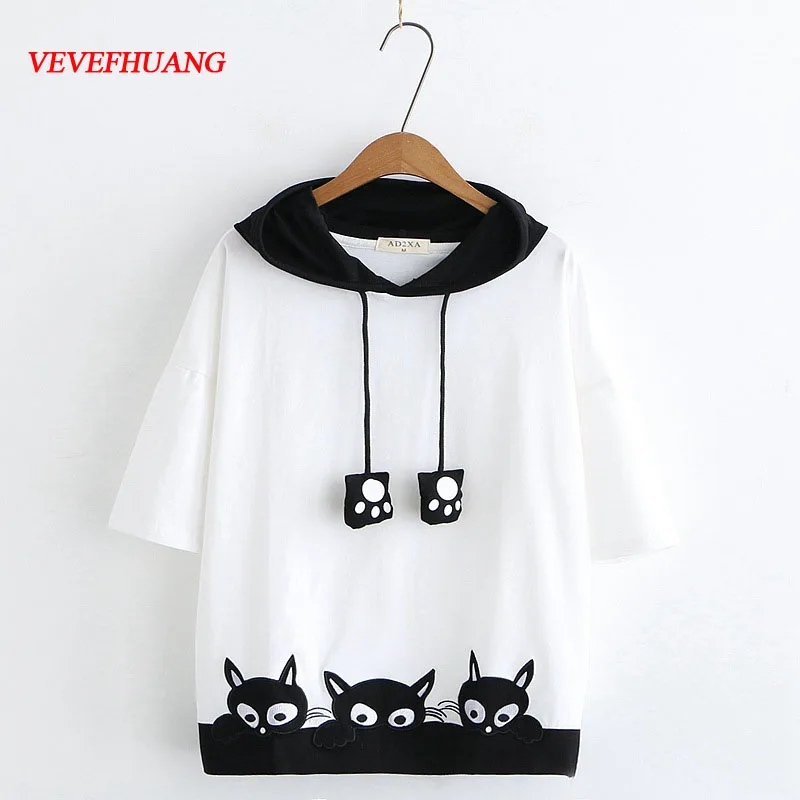 

Japanese Mori Girl Cotton Women's Hoodies Cute Cat Paw Print Short-sleeved Sweatshirt Summer Lovely Harajuku Patchwork Hoodie