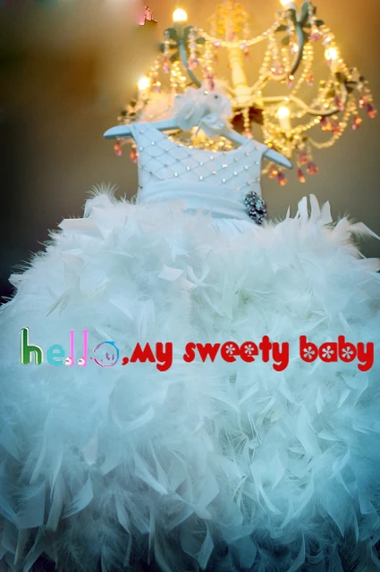 Cheap Cute Little Girls Dress Crew Neckline Feather Beading Sequins Crystal Ball Gown Little Flowers Girls Dresses Girl's Party Dress