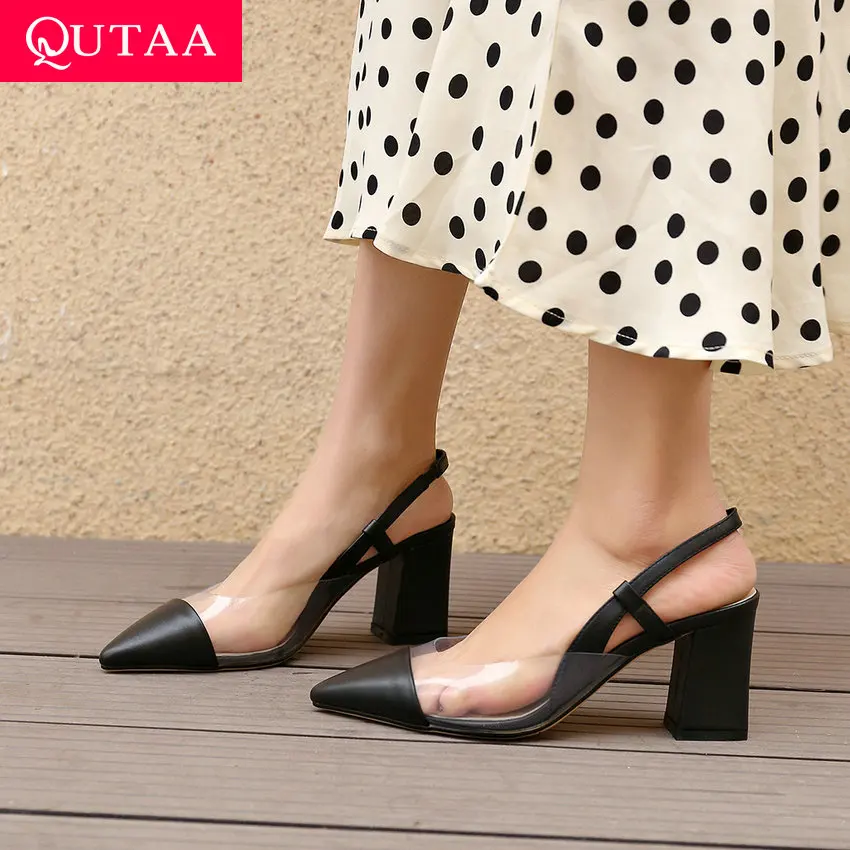 

QUTAA 2019 Women Sandals Cow Leather Square High Heel Pointed Toe Transparent Splicing Fashion Slingback Shoes Summer Size 34-39