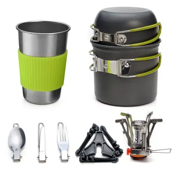 

Camping Cookware Stove Carabiner Canister Stand Tripod and Stainless Steel Cup, Tank Bracket, Fork Knife Spoon Kit