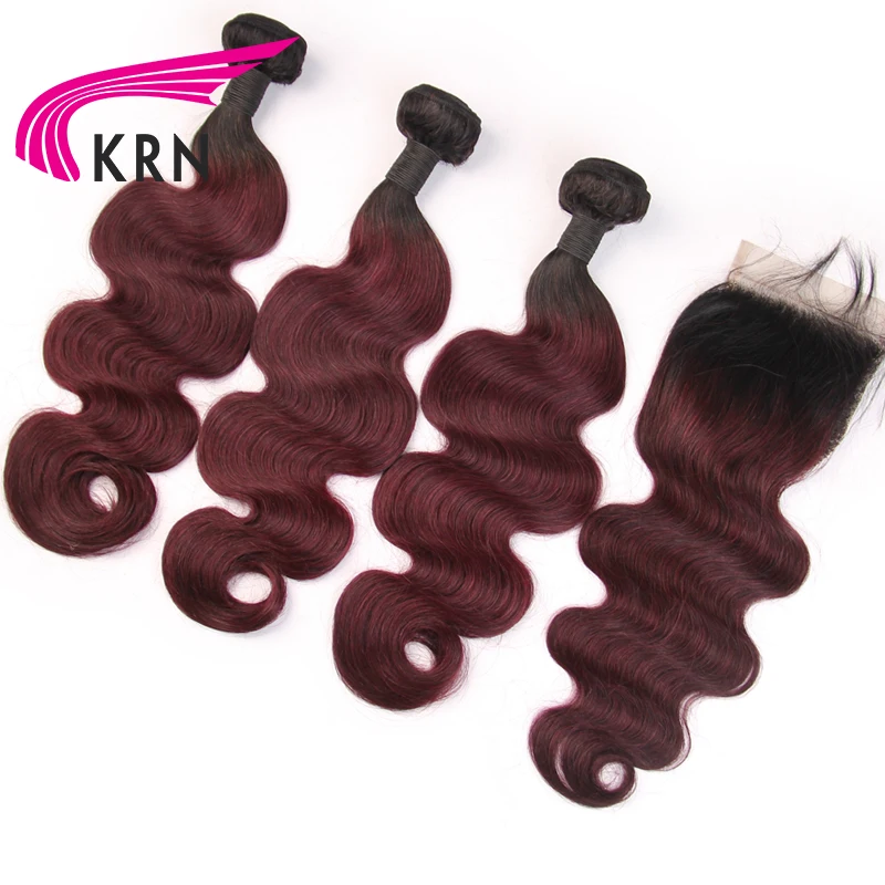 KRN 1B/99J Color Brazilian Human Hair 3 Pieces Bundles With Lace Closure Body Wave Remy Hair Extension Full End Fast Shipping