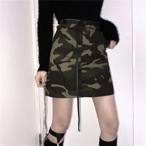 Woherb Лето камуфляж зеленые юбки Harajuku Высокая талия юбка карандаш с поясом женские крутые юбки корейский уличная 21448 - Цвет: as photo