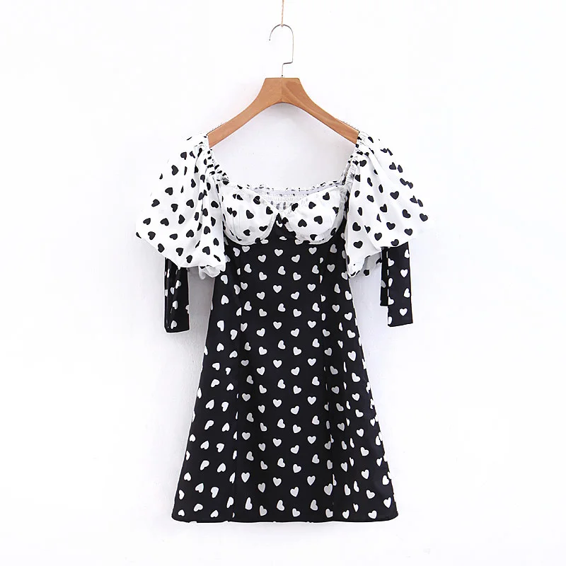 

Vintage French Palace Style Heart Print Patchwork Dress Women-s Sexy Off the Shoulder Strapless Mini Dresses Casual Vestidos
