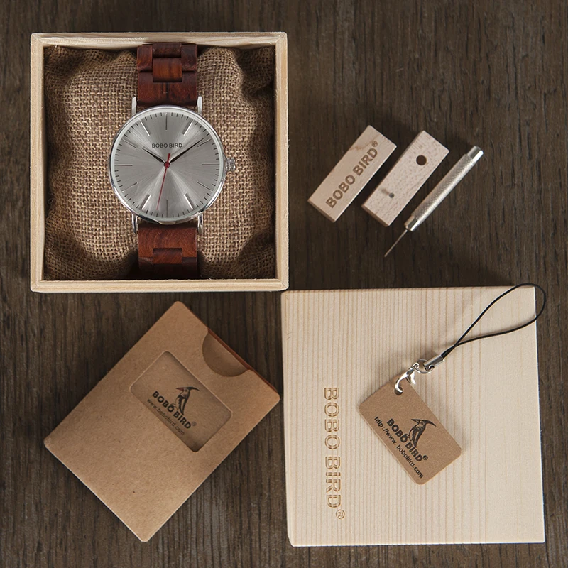 BOBO BIRD Simple Men Watch Thin Steel Silver Case Dress Watch with Wood Band in Gift Box