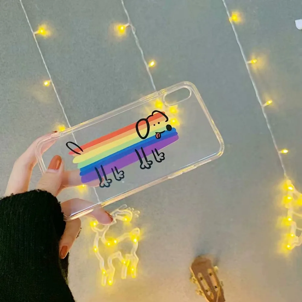 

Cute Cartoon Rainbow Dog Fun Phone Case For iPhone X XS XR XsMax Cloud color 6 6S 7 8 Plus soft Silicon Transparent Back Cover