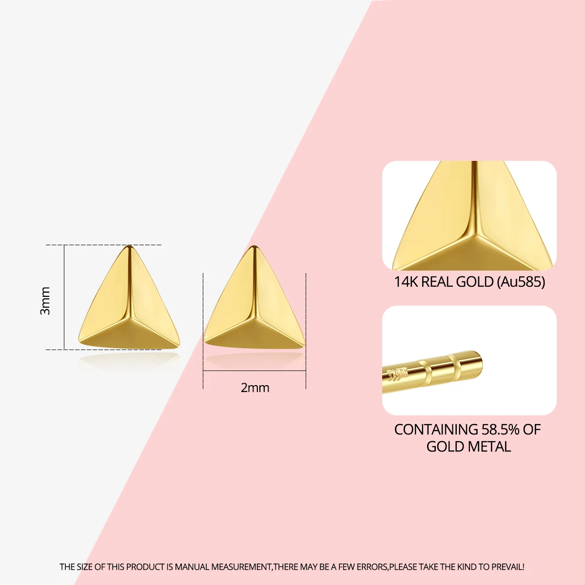 CZCITY, Настоящее 14 К золото, простые треугольные серьги-гвоздики для женщин и девочек, желтое золото, геометрические маленькие ювелирные изделия Au585 Brincos E14122