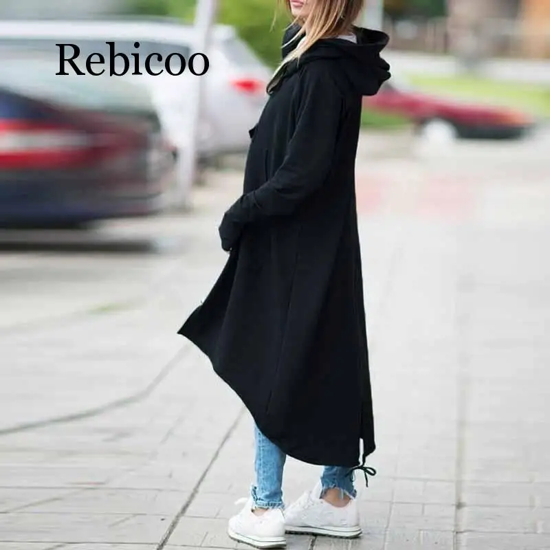 Rebicoo  Fashion Long Sleeve Hooded Trench Coat 2019 Autumn Black Zipper Plus Size 5XL Velvet Long Coat Women Overcoat Clothes