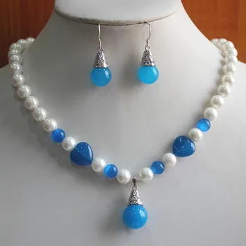 

AA Hot sell party jewelry decent 8mm white shell pearl dotted withblue necklace match 12mm blue earring