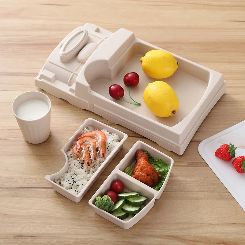Kid Food Tray Bamboo Fiber Baby Dishes Cartoon Car Shape Set Lunch Box Container Rice Feeding Plate Dinnerware | Дом и сад