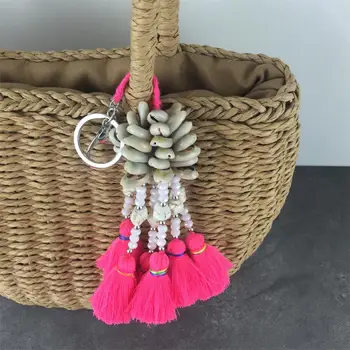 

Handmade Jewelry Ethnic Keychain Shell Crystal Colorful Thread Tassel Beaded Charm Key Chain Stylish Bohemian Party Gift
