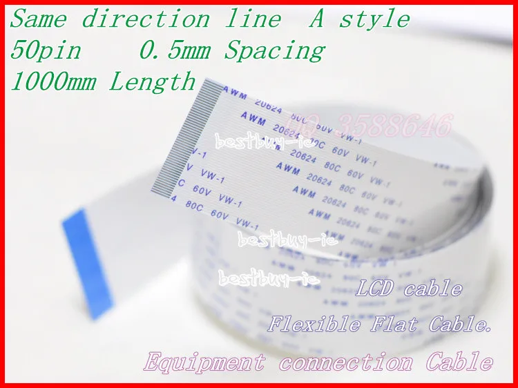 

0.5mm Spacing +1000mm Length +50Pin A / same direction line Soft wire FFC Flexible Flat Cable. 50P*0.5A*1000MM
