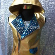 Мужская модная куртка из искусственной кожи с заклепками золотого цвета, верхняя одежда, пальто для ночного клуба, бара, dj, мужской певец, DS танцор, одежда для сцены, костюм