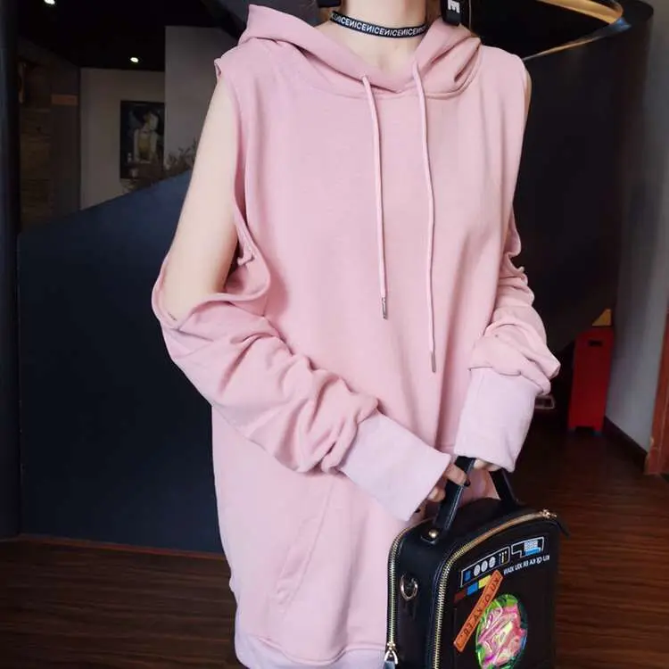 Женский корейский Harajuku Весна BF Модный свитшот женский однотонный длинный рукав повседневный с открытыми плечами толстовка с капюшоном пуловер