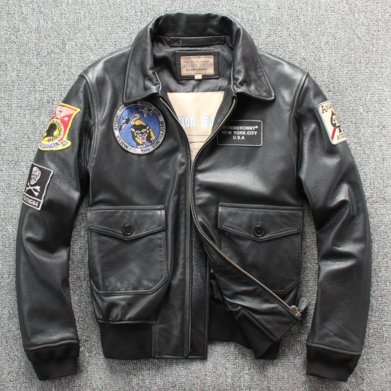 

2019 Brand Genuine Leather Jackets Men's 100% Real Cowhide Skin Multi- Labeling Embroidery Turn-down Collar Zipper Bomber Jacket