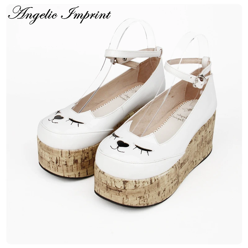 

Lovely Smilling Kitty Face Faux Wooden Wedge Lolita Shoes Ankle Strap Sweet Pink Girls Shoes 8435