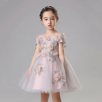 

Pink Zipper Communion Dresses Children Flower Applique Girls Ball Gowns Beads Elegant Vestido Costume Pageant Mesh Dress