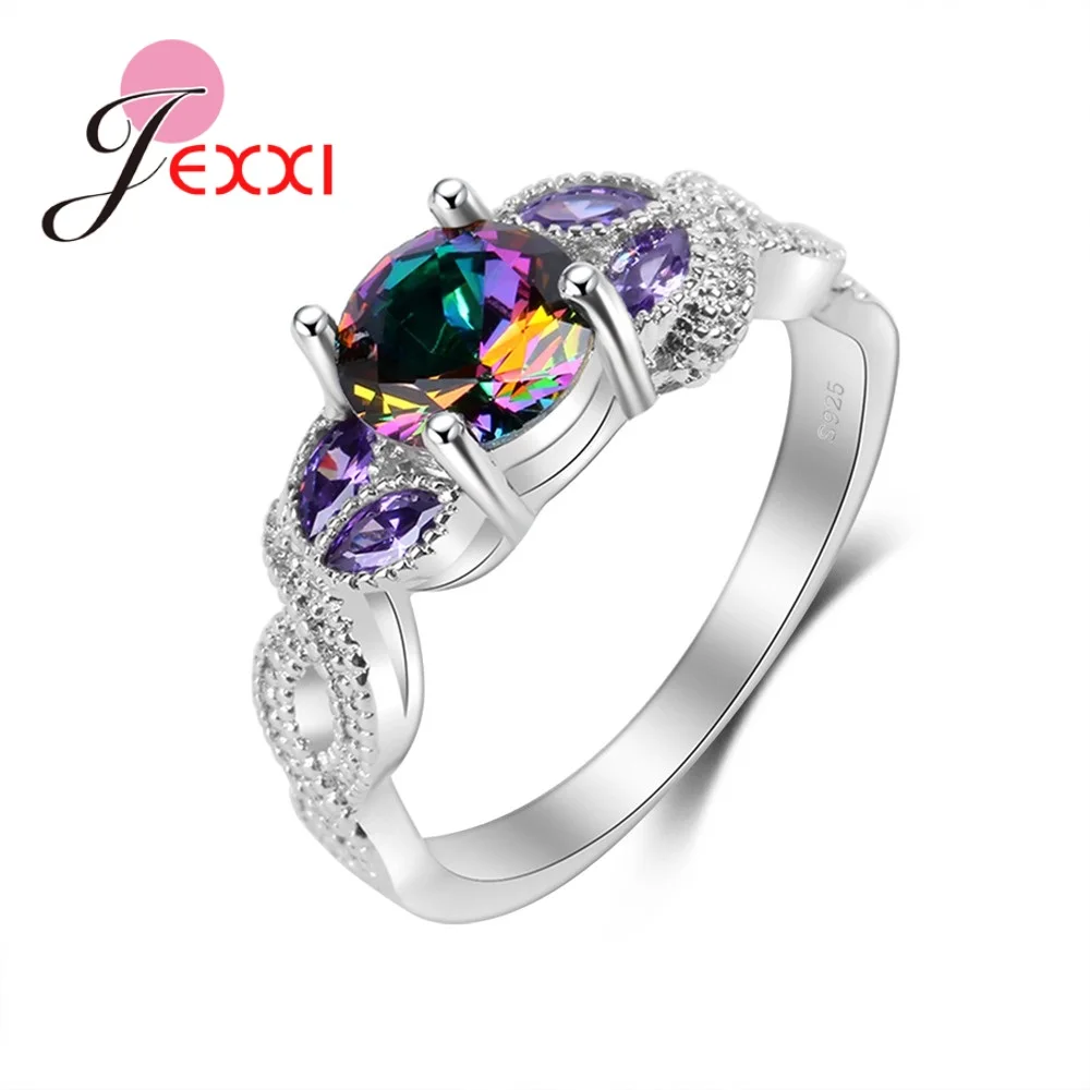 

925 Sterling Silver Rainbow Austrian Crystal Rings For Wedding Jewelry Cross Design Women Cubic Zirconia Engagment Ring Bi