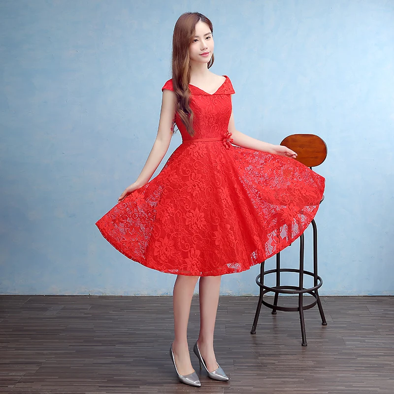 2016 New Lace Evening Dresses with Cap Sleeve Flower Red Bride Gown Ball Prom Party Homecoming/Graduation Princess Formal Dress