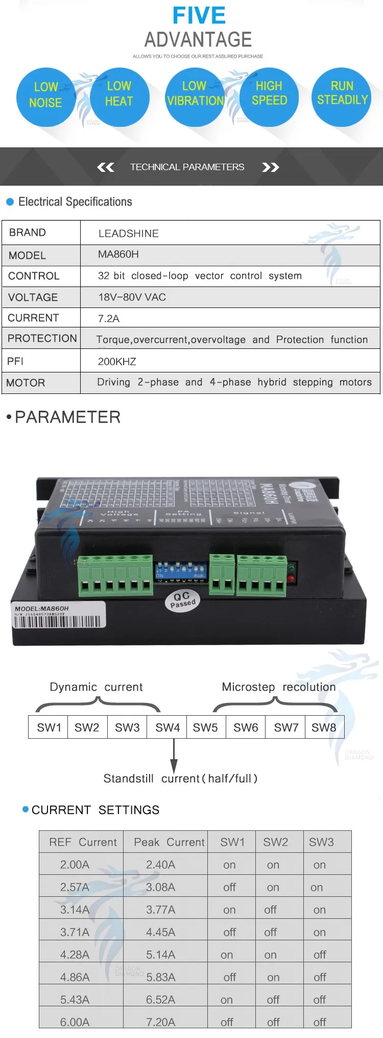 Leadshine MA860H Драйвер шагового двигателя Модуль контроллера 18-80 V AC/24-110 V DC 7.2A для ЧПУ