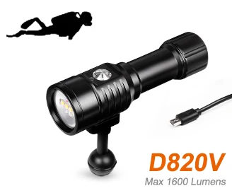 

ORCATORCH D820V LED Dive Light USB Rechargeable 1600lm Scuba Diving Light Blue/ RED/ UV Photo Light 150M Underwater