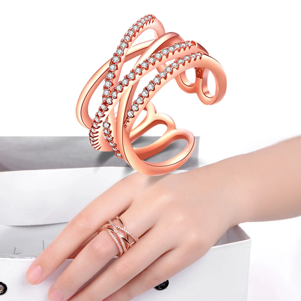 Fashion multi layer cross anel adjustable rings silver rose gold plated rings for women cubic zircon wedding engagement rings  (5)