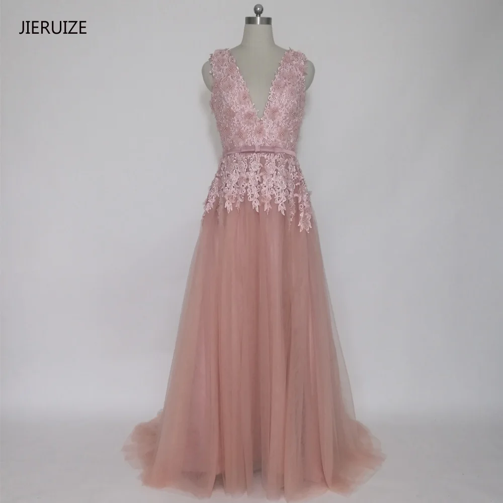JIERUIZE пыльное розовое винтажное кружевное длинное вечернее платье с аппликацией
